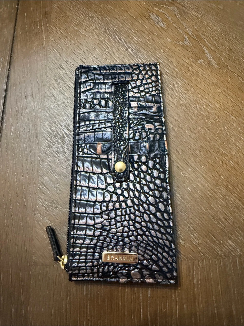 Brahmin Black onyx Croc-Embossed Slim Wristlet Card Case with Gold Accent